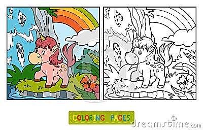 Coloring book, fairy unicorn and rainbow Vector Illustration