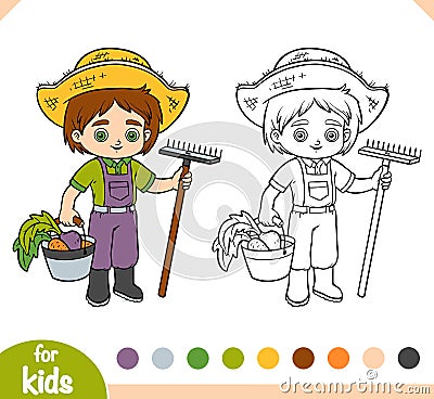 Coloring book, Farmer boy with rake and bucket Vector Illustration