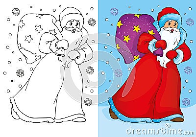 Coloring Book Of Father Frost Walking With Bag Cartoon Illustration