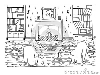 Coloring book with a fireplace in the room, home library, chairs, carpet, interior items Cartoon Illustration