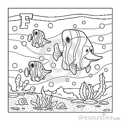 Coloring book (fish), colorless alphabet for children: letter F Vector Illustration