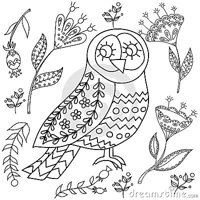 Coloring book fol adults. Folk set vector blask and whit illustration with beautiful birds and flowers. Scandinavian Vector Illustration