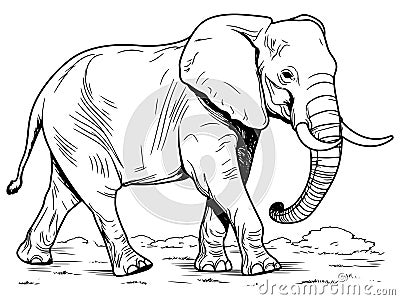 Coloring book full length elephant, natural environment. Generative ai, black lines, white Stock Photo