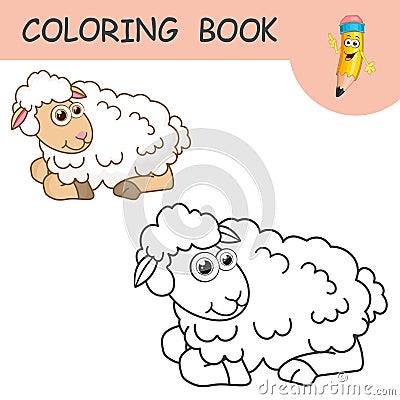 Coloring book with fun character Lamb. Colorless and color samples young sheep on coloring page for kids. Coloring design Vector Illustration