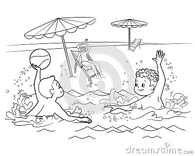 Coloring book: funny boys play with a ball in the water against the background of the beach. Summer vacation on a sunny day. Vector Illustration