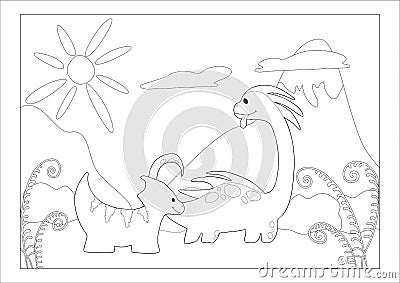 Coloring book. Funny dinosaur in a prehistoric landscape. Cartoon and vector isolated character on background. Vector Illustration