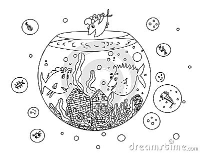 Coloring book with funny fish in the aquarium. Vector illustration Vector Illustration