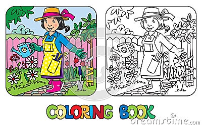 Coloring book of funny woman gardener. Vector Illustration