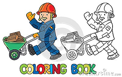 Coloring book of funny worker with cart Vector Illustration