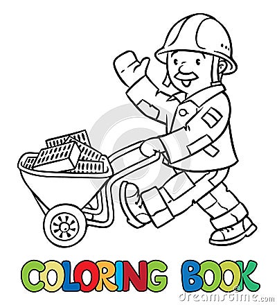 Coloring book of funny worker with cart Vector Illustration