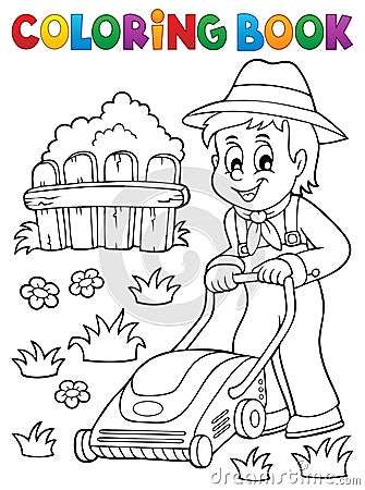 Coloring book gardener with lawn mower Vector Illustration