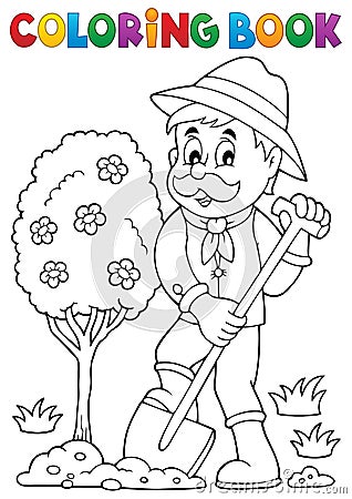 Coloring book gardener planting tree Vector Illustration