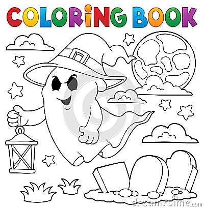 Coloring book ghost with hat and lantern Vector Illustration