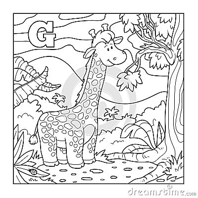 Coloring book (giraffe), colorless alphabet for children: letter Vector Illustration