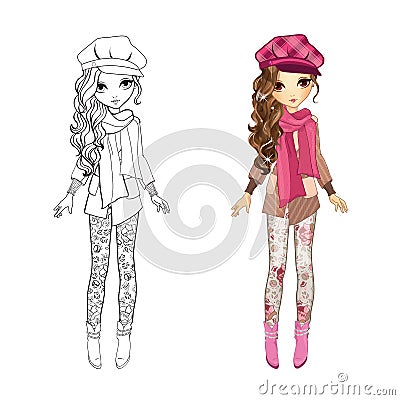 Coloring Book Of Girl In Coat Vector Illustration