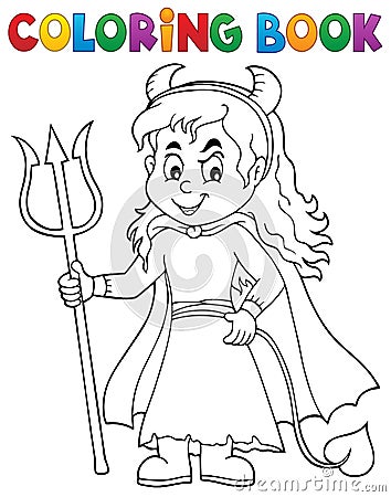 Coloring book girl in devil costume 1 Vector Illustration