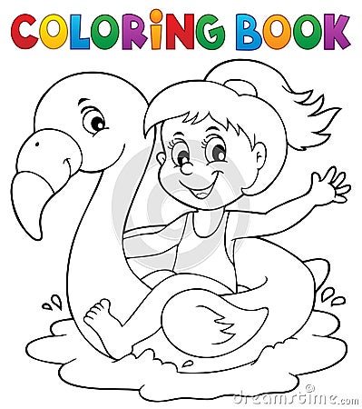 Coloring book girl on flamingo float 1 Vector Illustration