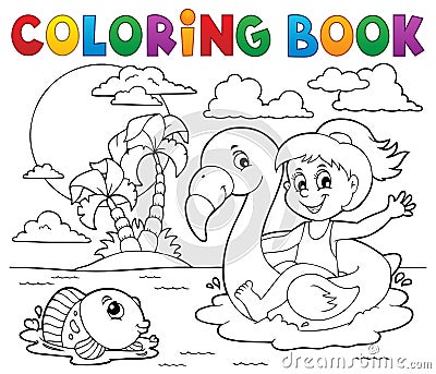 Coloring book girl on flamingo float 2 Vector Illustration