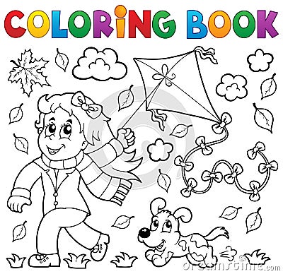 Coloring book with girl and kite Vector Illustration