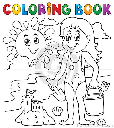 Coloring book girl playing on beach 1 Vector Illustration