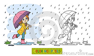 Coloring book. Girl running with an umbrella in the rain Vector Illustration