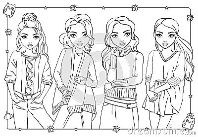 Coloring Book Of Girls In Knitted Sweaters Vector Illustration