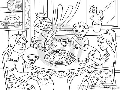 Coloring book Grandmother is sitting at the table. Grandchildren came to visit Vector Illustration