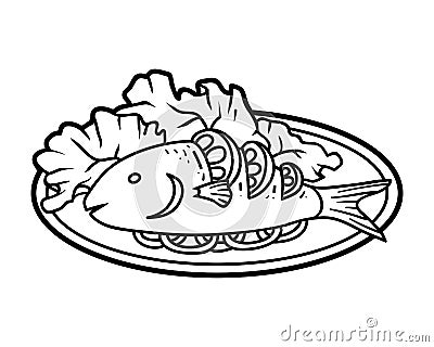 Coloring book, Grilled fish on plate Vector Illustration