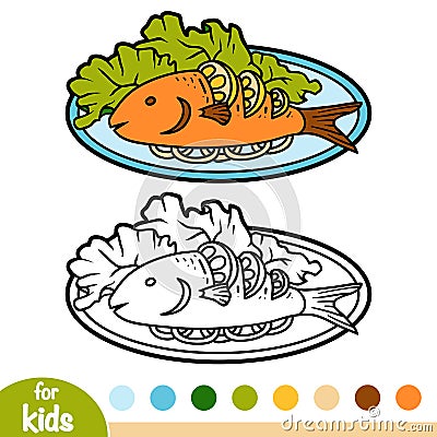 Coloring book, Grilled fish on plate Vector Illustration