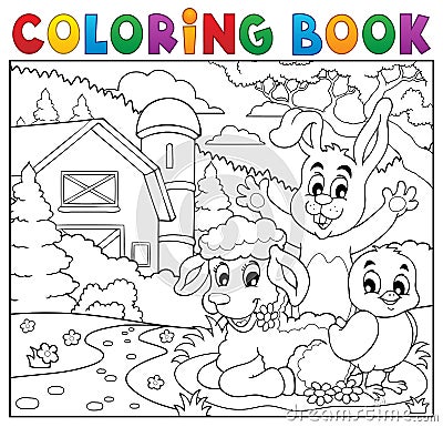 Coloring book happy animals near farm Vector Illustration