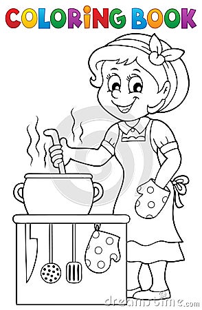 Coloring book happy female cook Vector Illustration