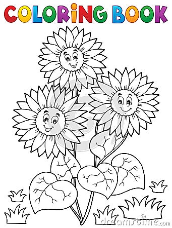 Coloring book with happy sunflowers Vector Illustration