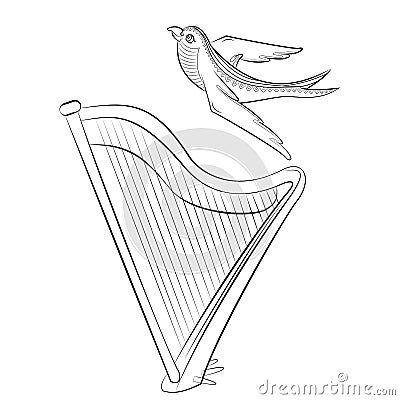 Coloring book with the harp and swallow. Illustration of a stringed musical instrument and a bird. Vector Illustration