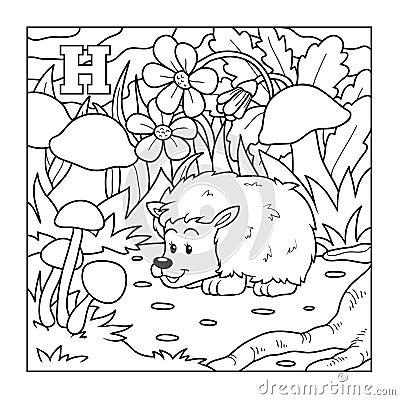 Coloring book (hedgehog), colorless illustration (letter H) Vector Illustration