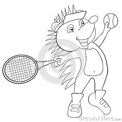 Coloring book hedgehog plays tennis. Vector Illustration