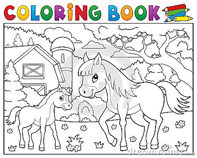 Coloring book horse with foal theme 2 Vector Illustration