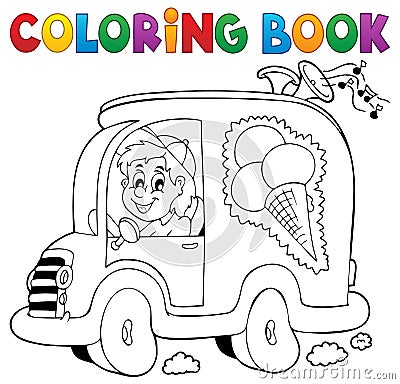 Coloring book ice cream man in car Vector Illustration