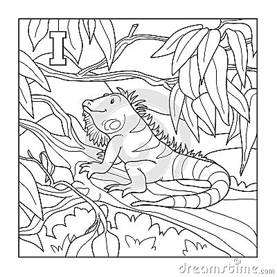 Coloring book (iguana), colorless illustration (letter I) Vector Illustration