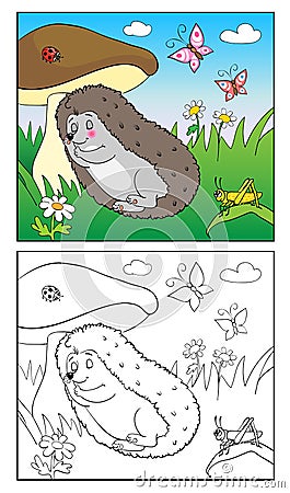 Coloring Book. Illustration of hedgehog and Insects for Children. Vector Illustration