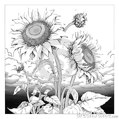 Coloring book illustration sunflowers kawaii coloring page Vector Illustration