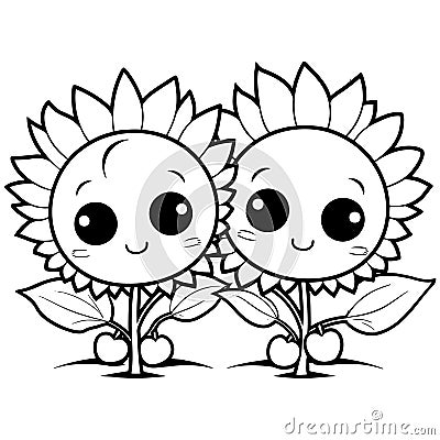 Coloring book illustration sunflowers kawaii coloring page Vector Illustration