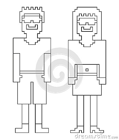 Coloring book - 2 isolated 8bit (pixel) humans - male and female Vector Illustration