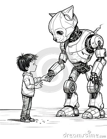 A boy is shaking hands with a robot. Generative AI image. Stock Photo