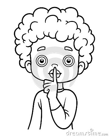 Coloring book for kids, Boy shows Shh sign with silence finger to lips Vector Illustration