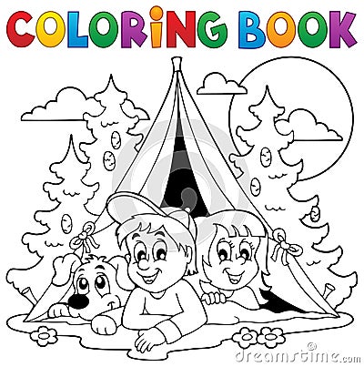 Coloring book kids camping in forest Vector Illustration