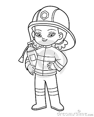 Coloring book for kids, Firefighter cute cartoon asian girl and extinguisher Vector Illustration