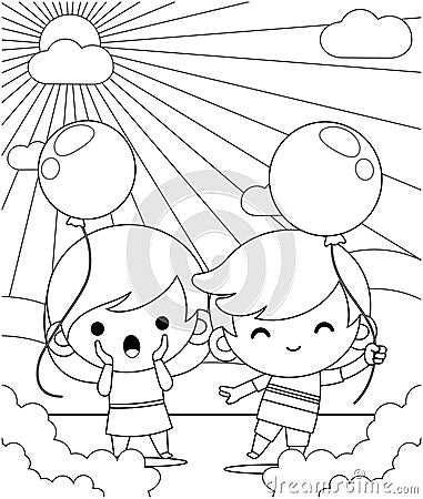 Coloring book for kids. Happy Cute Little Kids Playing Balloon In the Garden Cartoon Illustration Vector Illustration