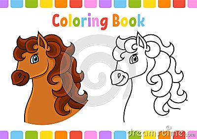 Coloring book for kids. Horse animal. cartoon character. Vector illustration. Fantasy page for children. Black contour. Isolated Vector Illustration