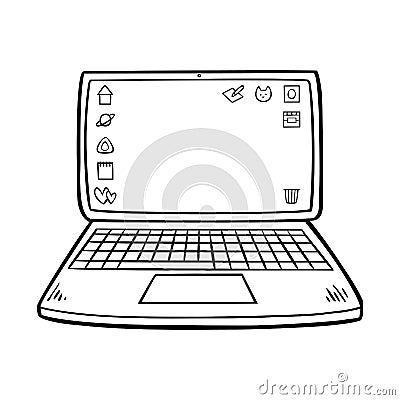 Coloring book for kids, Laptop computer Vector Illustration