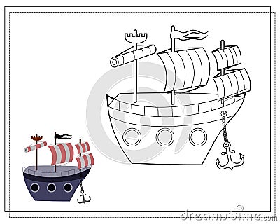 Coloring book for kids, pirate ship. Vector isolated on a white background Stock Photo